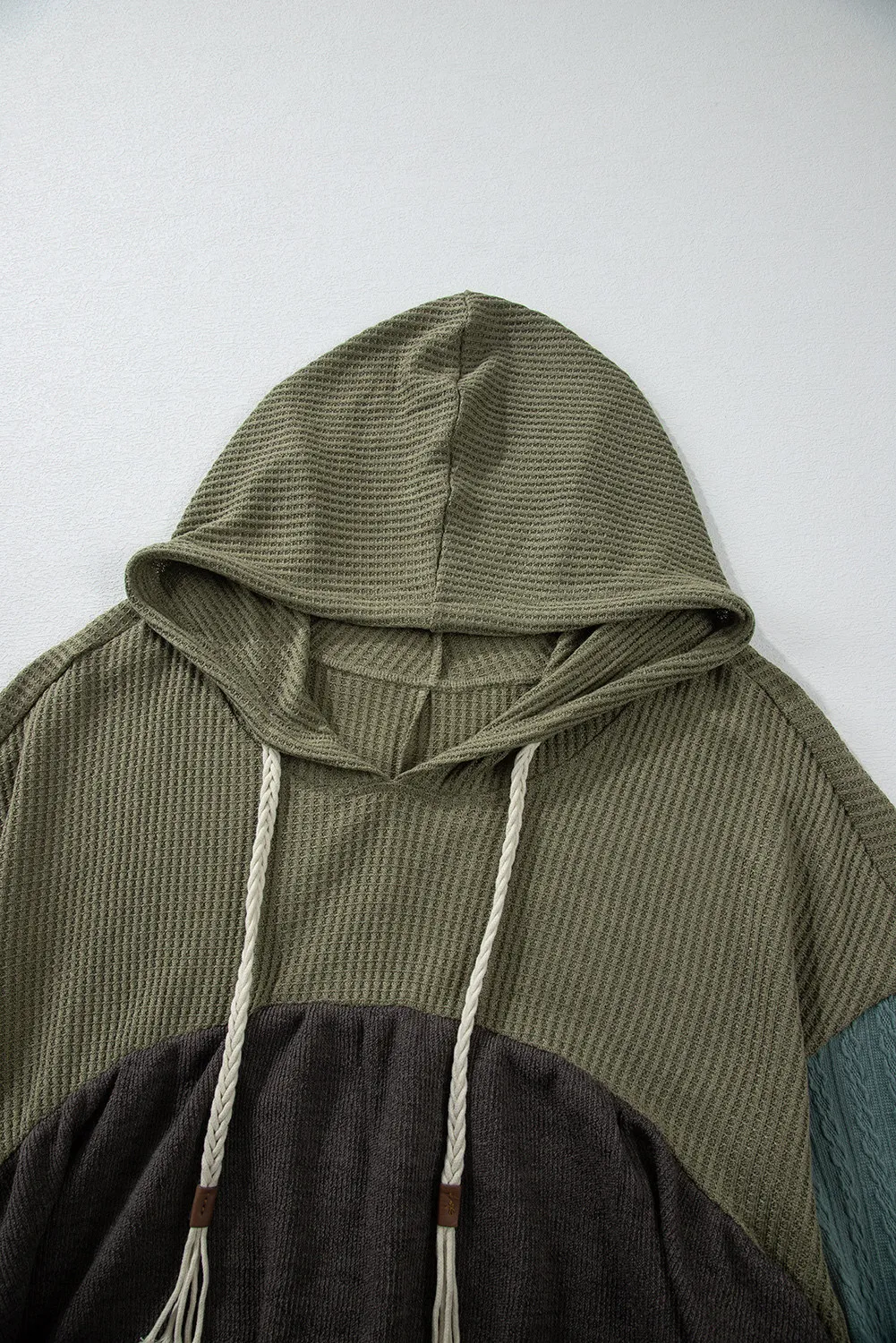 Waffle-Knit High-Low Color Block Hooded Long Sleeve Top, image 2