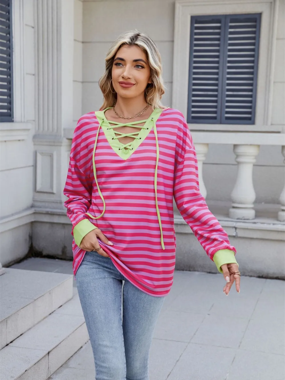 Lace-Up Striped Long Sleeve T-Shirt, image 4