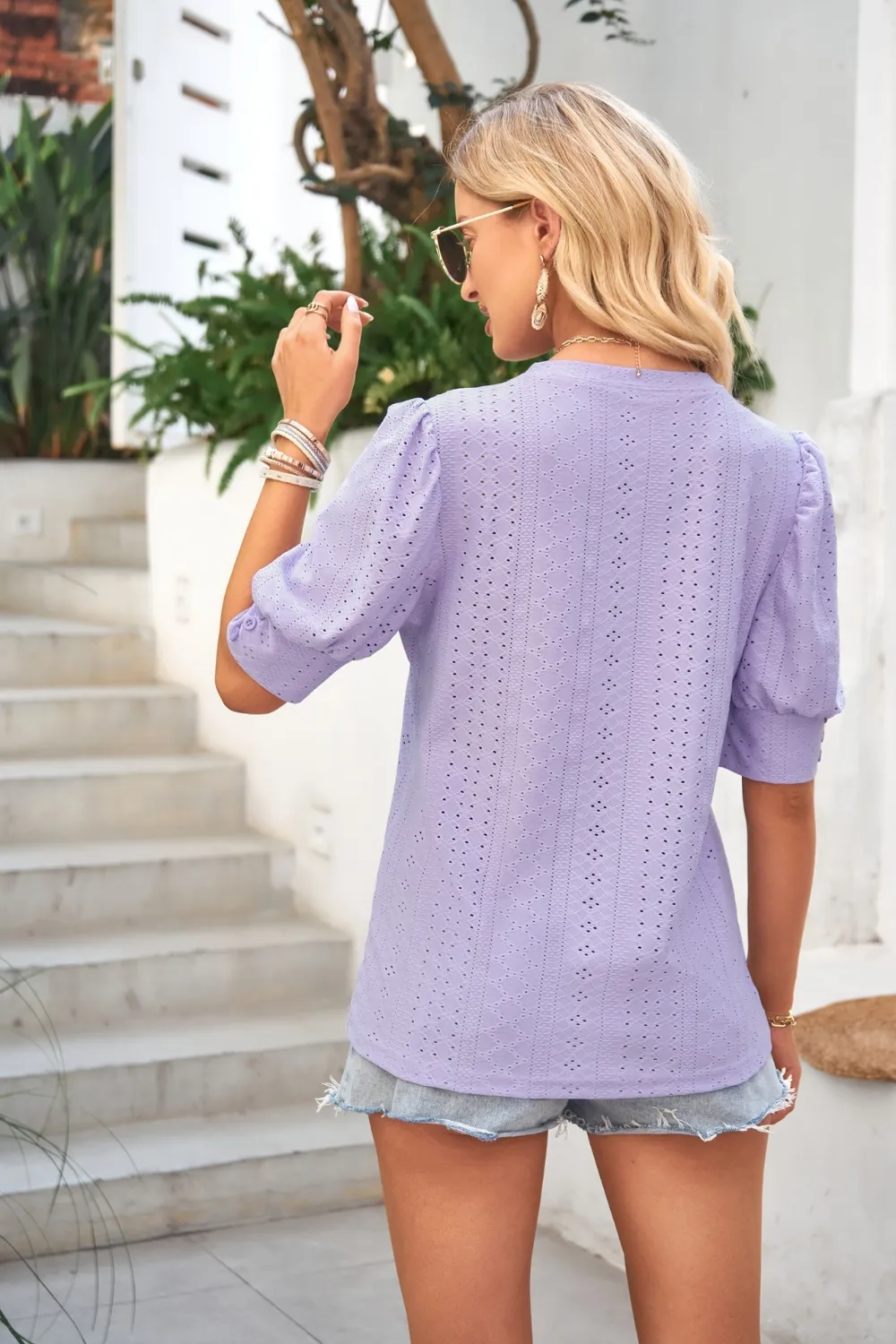 Openwork Round Neck Short Sleeve Blouse, image 4