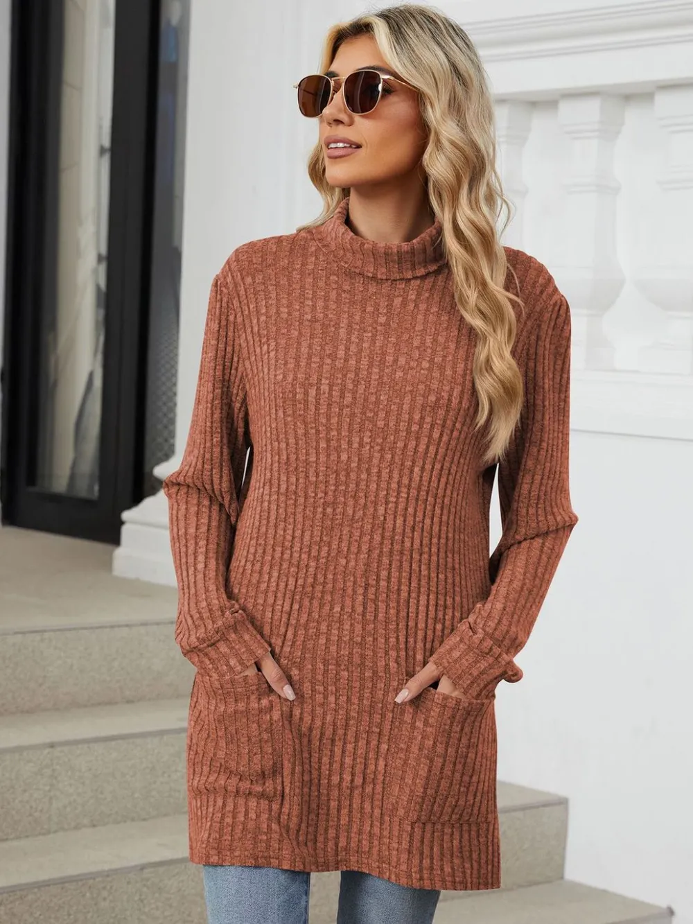 Ribbed Mock Neck Long Sleeve T-Shirt, image 31