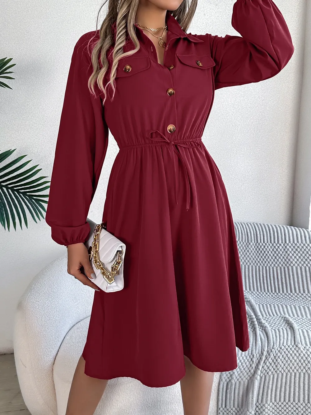 Collared Neck Long Sleeve Dress with Pockets, image 8