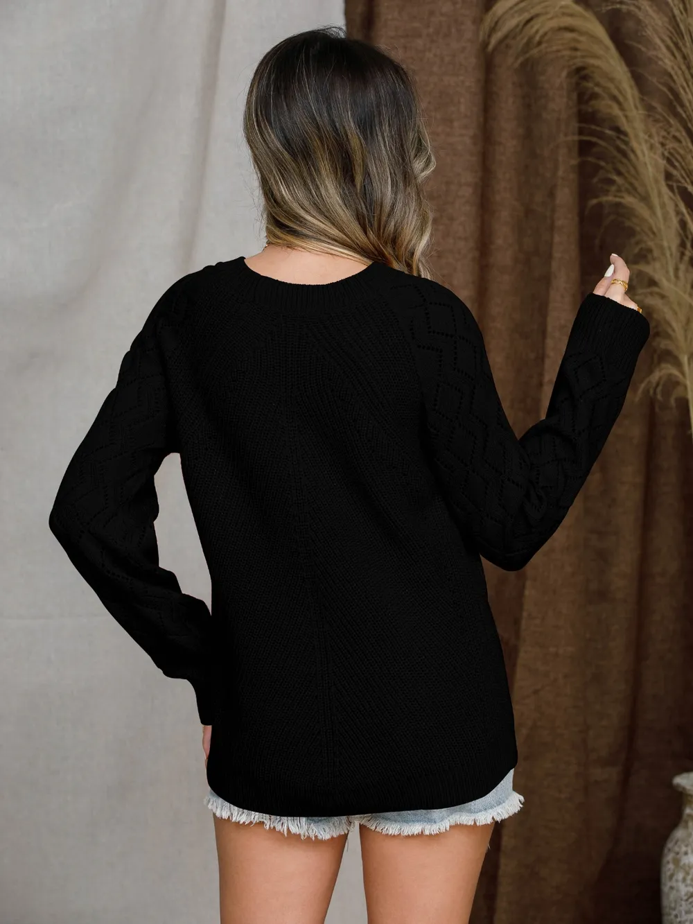 Openwork Round Neck Raglan Sleeve Sweater, image 7