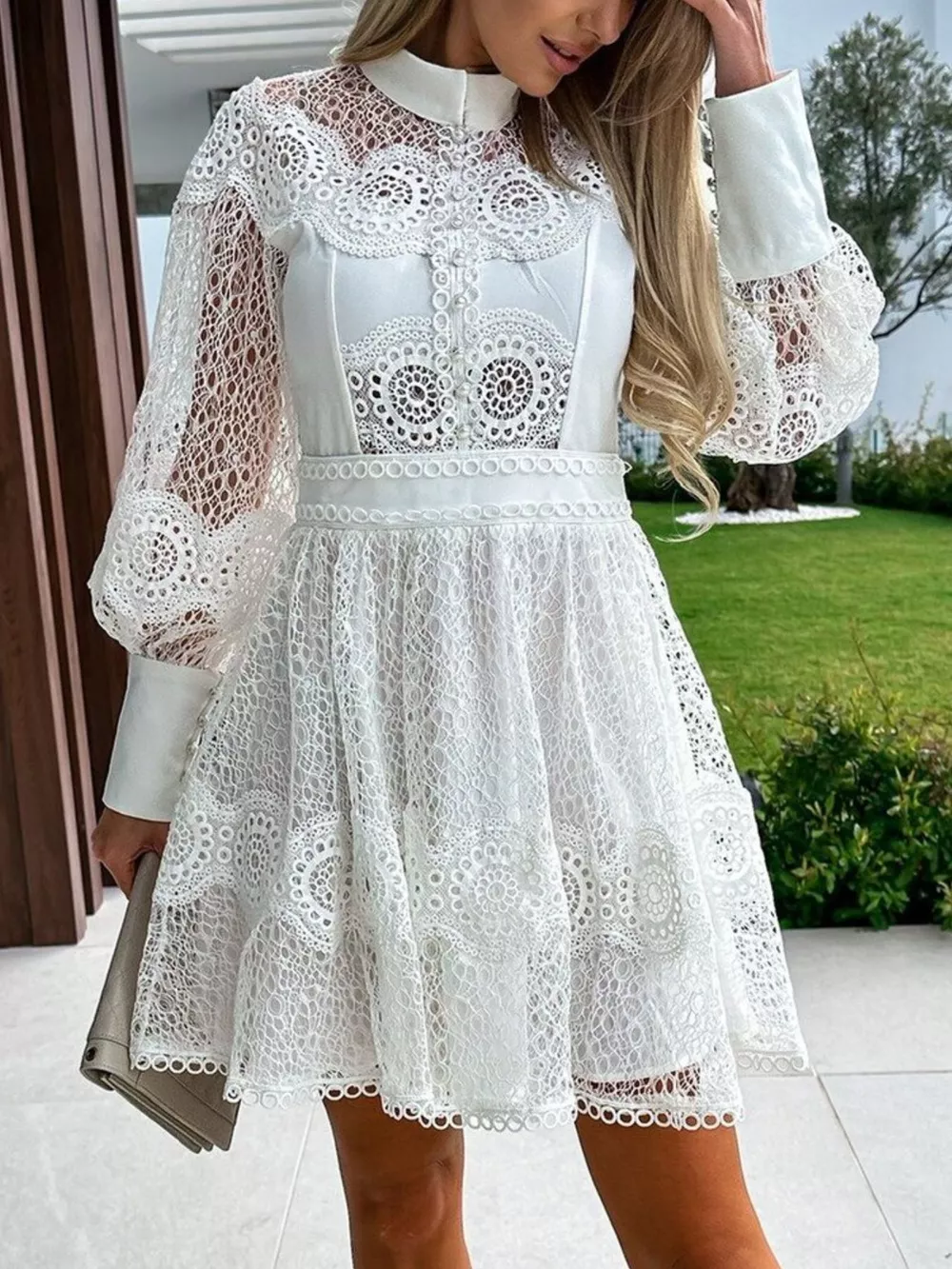 Lace Lantern Sleeve Mini Dress, image 8