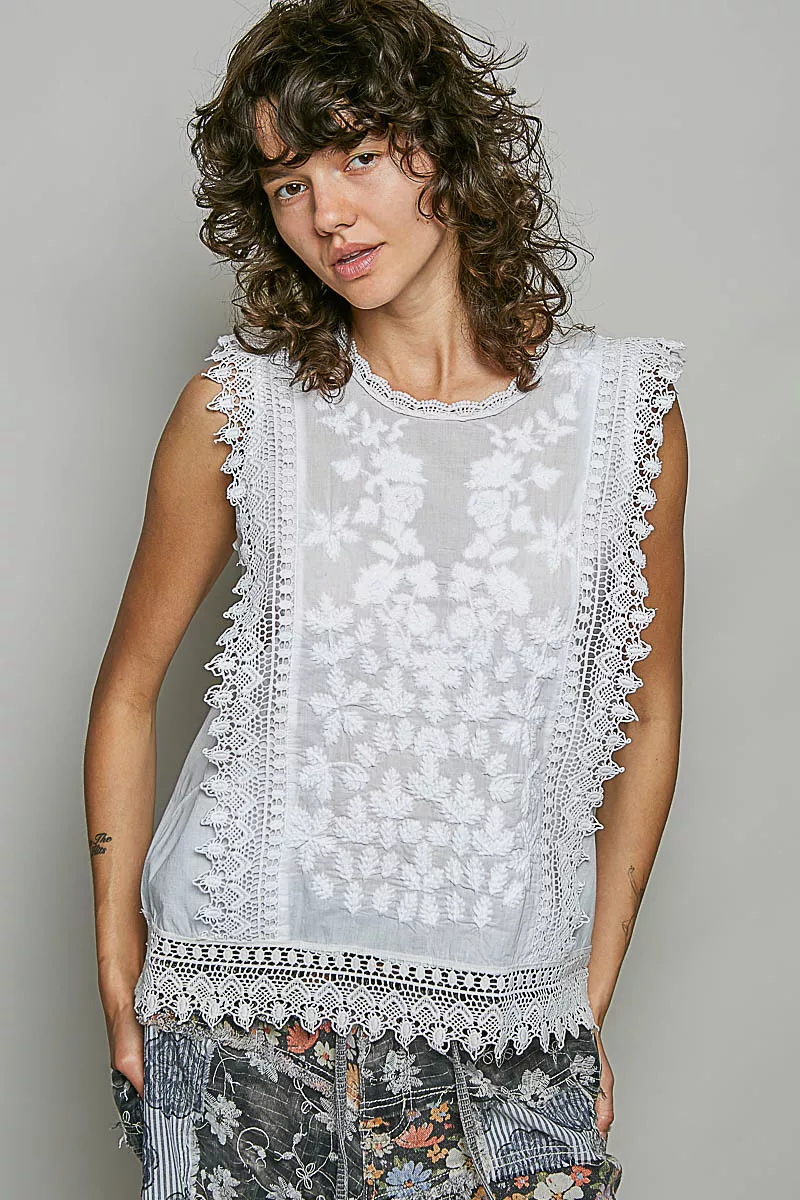 POL Allover Botanical Embroidered Scalloped Lace Sleeveless Top