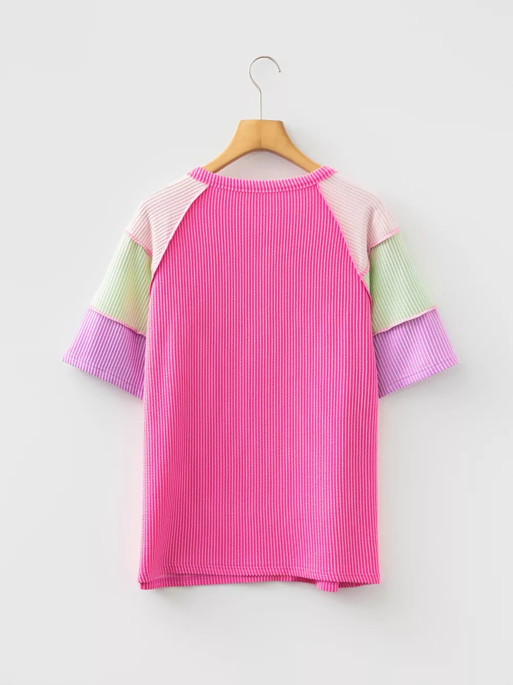 Twisted Rib Color Block Patchwork Short Sleeve Henley Top, image 7