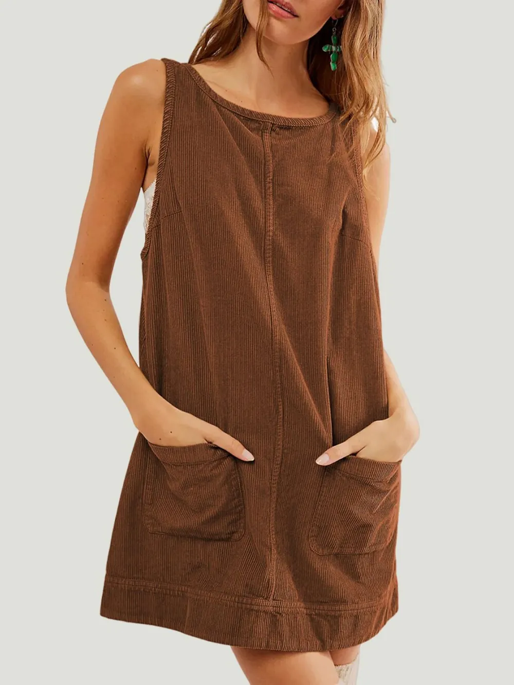 Round Neck Wide Strap Mini Dress with Pockets, image 2