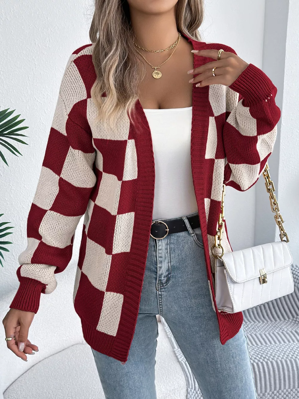Checkered Pattern Open Front Cardigan, image 7