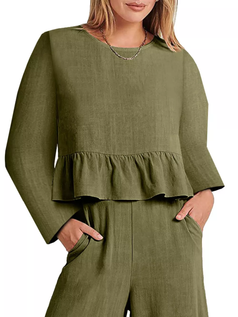 Full Size Ruffled Hem Long Sleeve Top and Pants Set Plus Size, image 6
