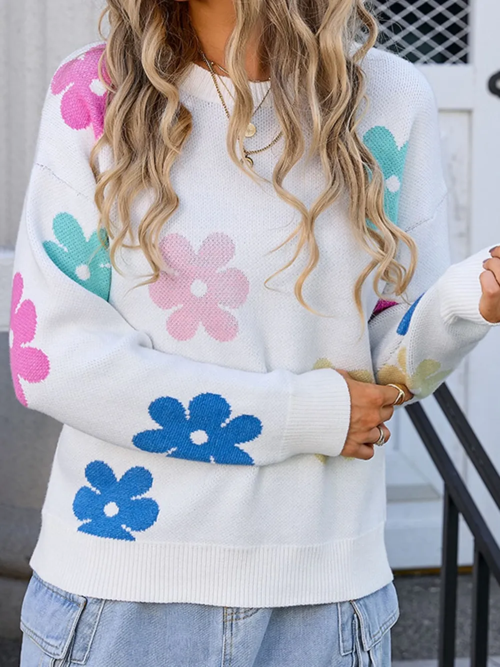 Flower Round Neck Long Sleeve Sweater, image 2