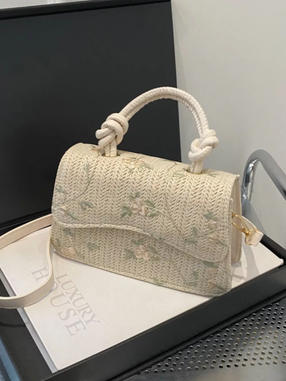Floral Embroidered Straw Woven Crossbody Bag, image 7