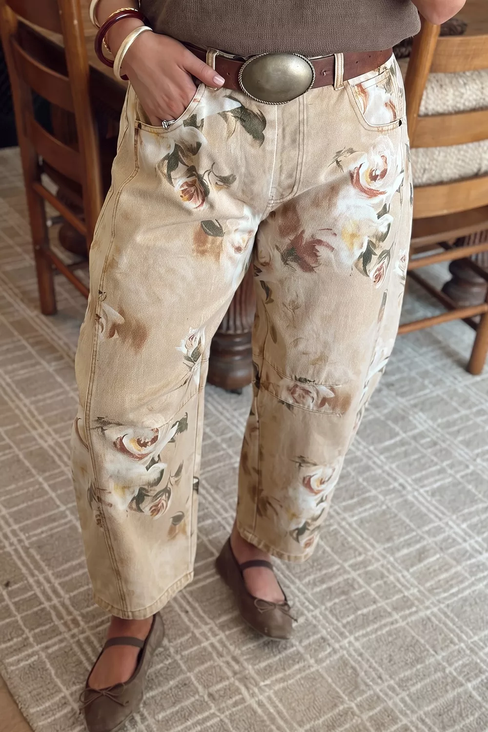 Retro Floral Print Relaxed Barrel Jeans, image 3