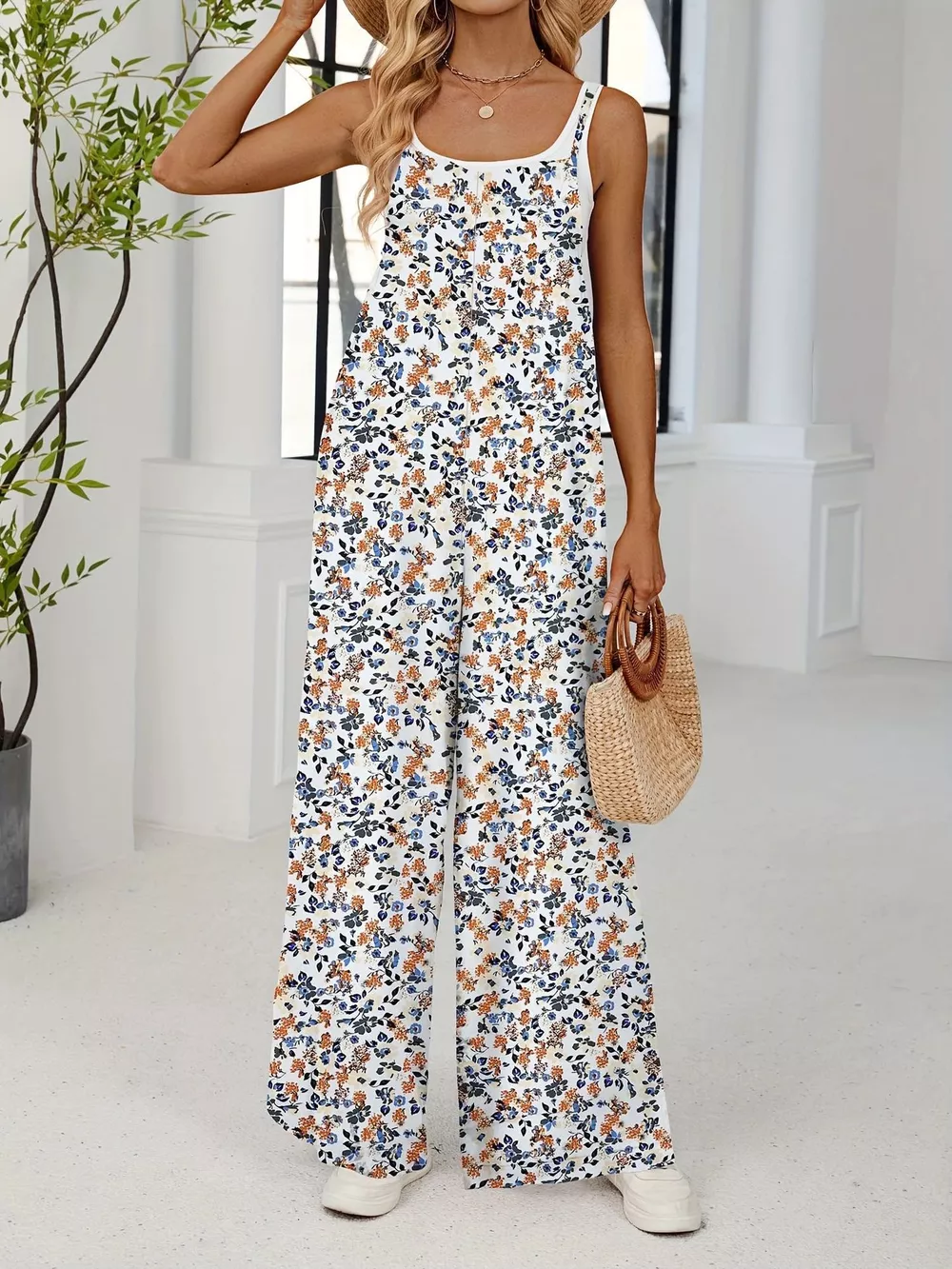 Full Size Floral Print Wide Leg Casual Jumpsuit Plus Size, image 8