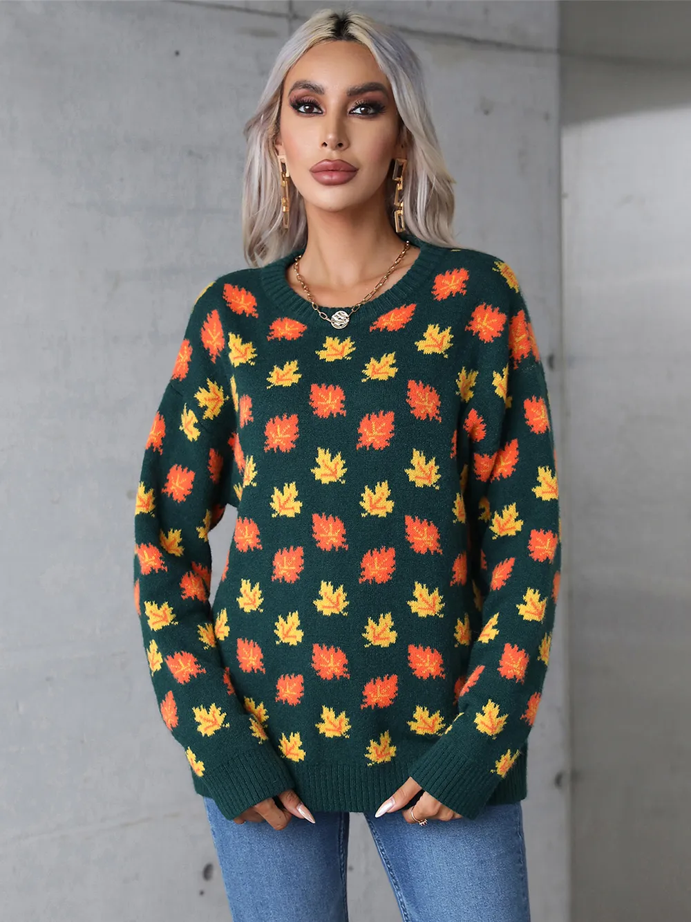 Maple Leaf Round Neck Long Sleeve Sweater, image 11
