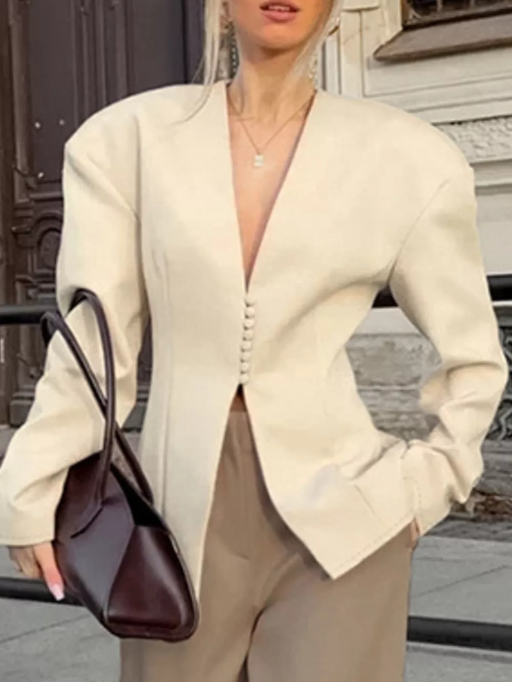 V-Neck Button-Up Blazer with Structured Shoulders, image 4