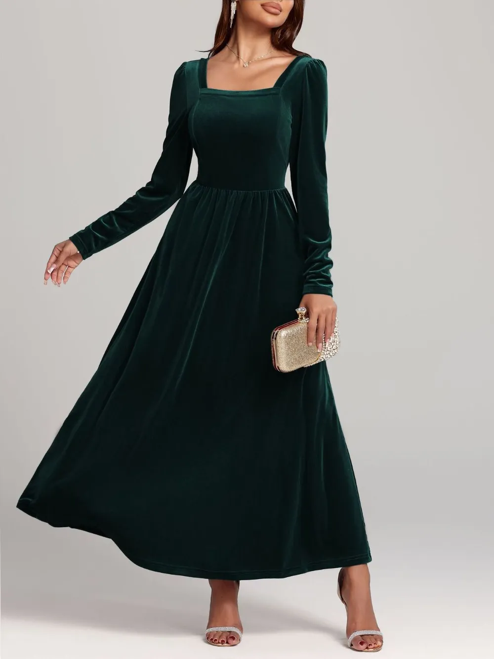 Velvet Square Neck Long Sleeve Dress, image 8
