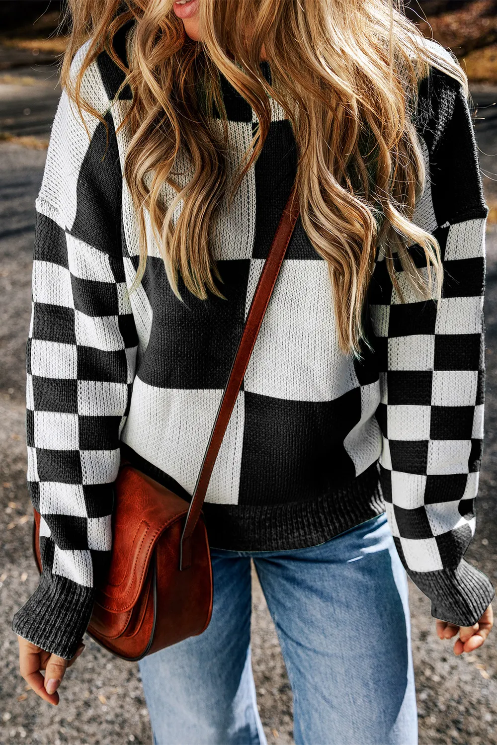 Checkered Round Neck Drop Shoulder Sweater, image 17