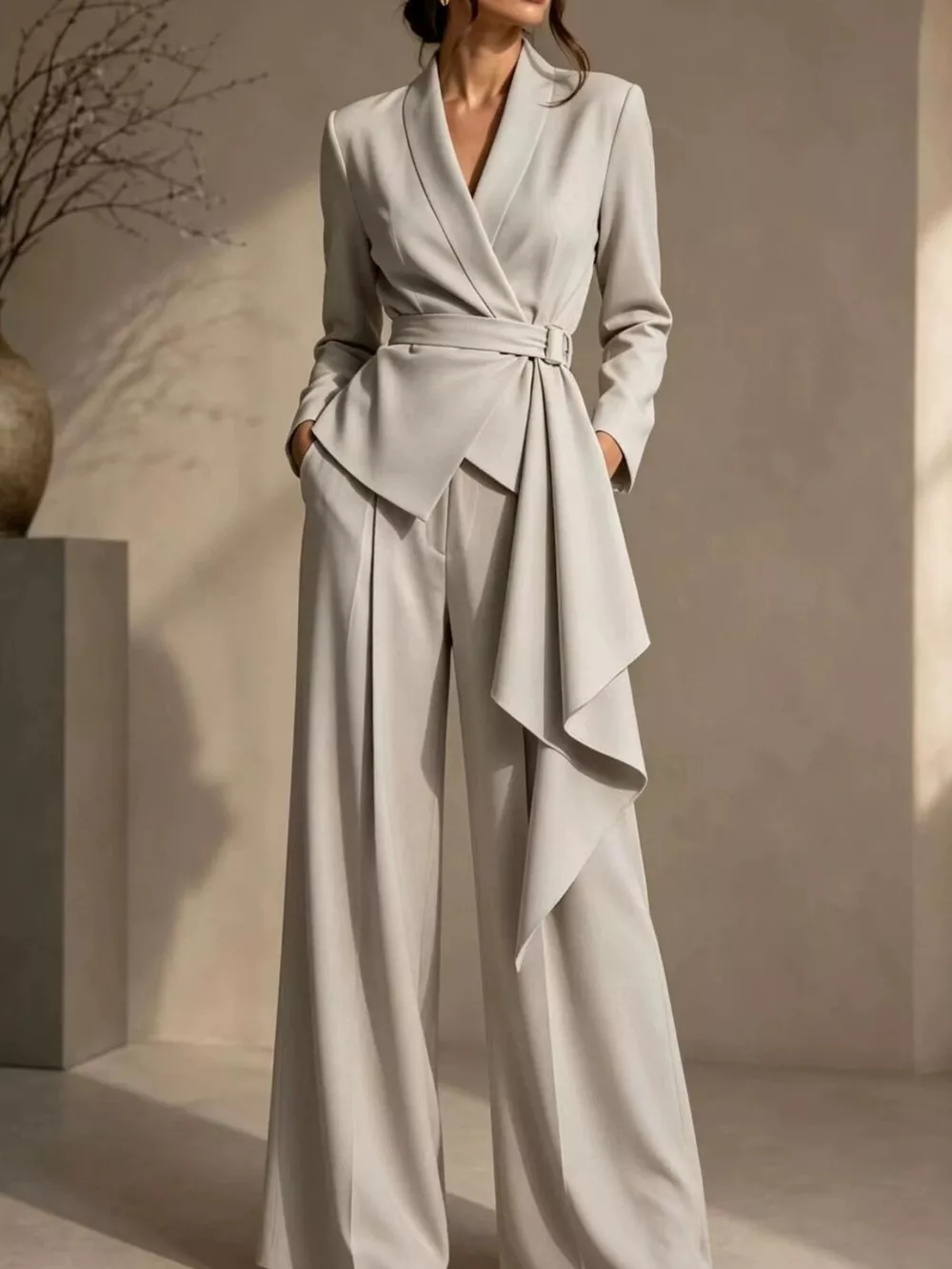 Full Size Belted Blazer and Wide-Leg Pants Set Plus Size, image 5