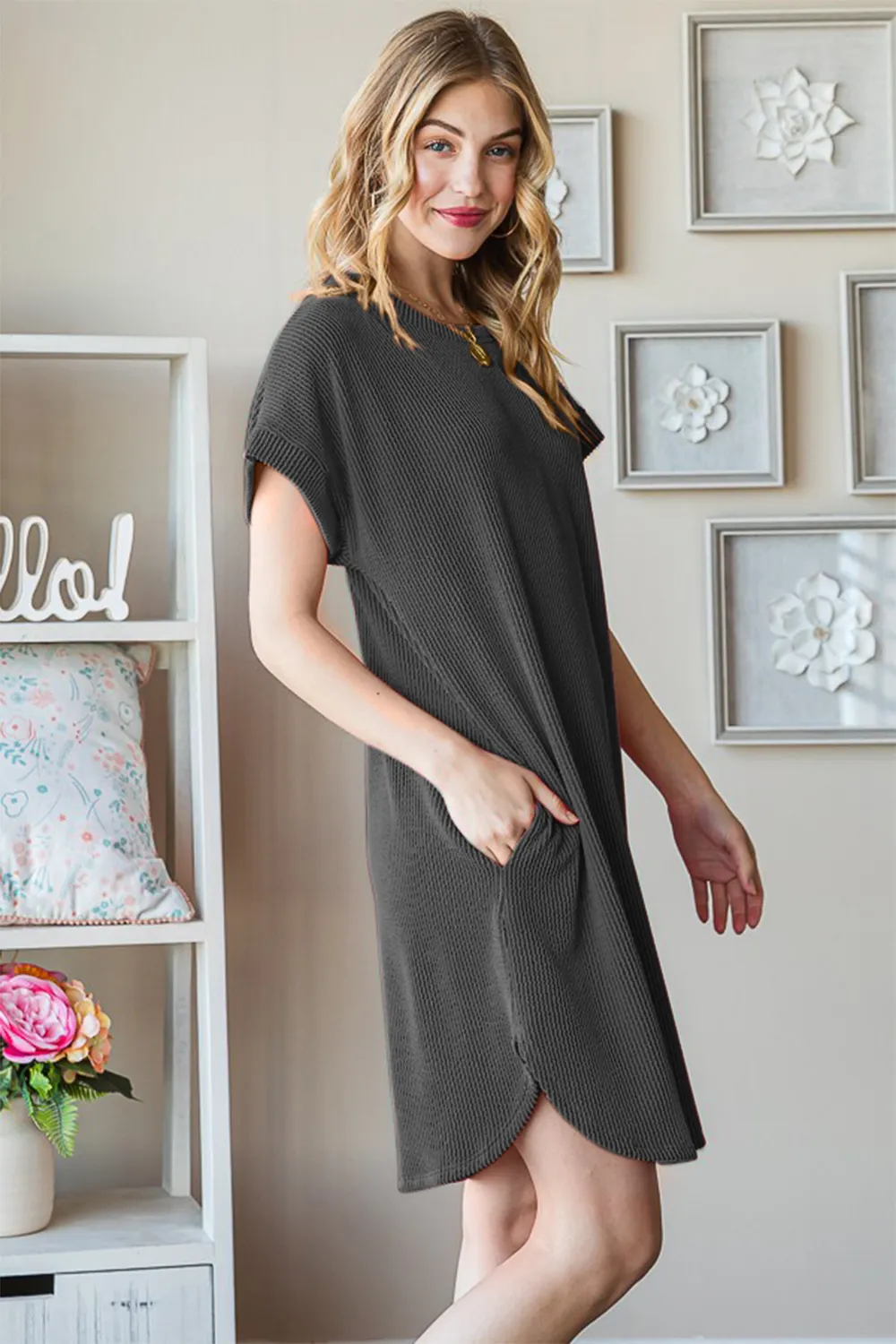 Full Size Ribbed Round Neck Short Sleeve Tee Dress, image 4