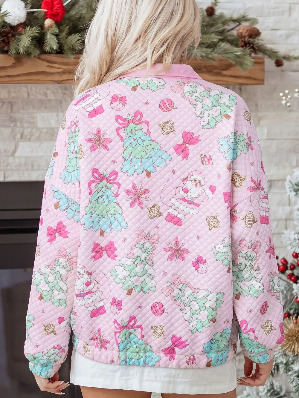 Christmas Print Collar Half Button Loose Sweatshirt, image 6
