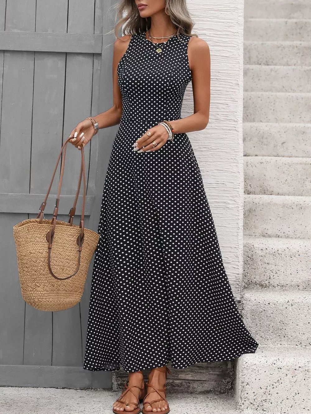 Sleeveless Polka Dot Maxi Dress, image 3