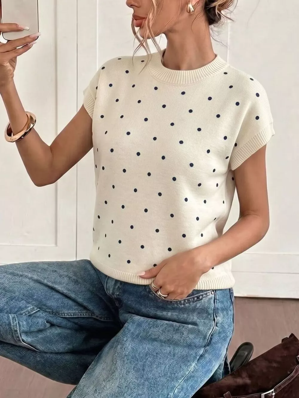 Polka Dot Short Sleeve Knit Sweater, image 2