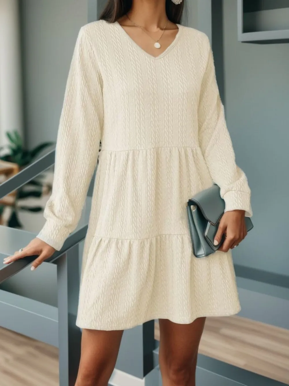 V-Neck Long Sleeve Mini Dress, image 7