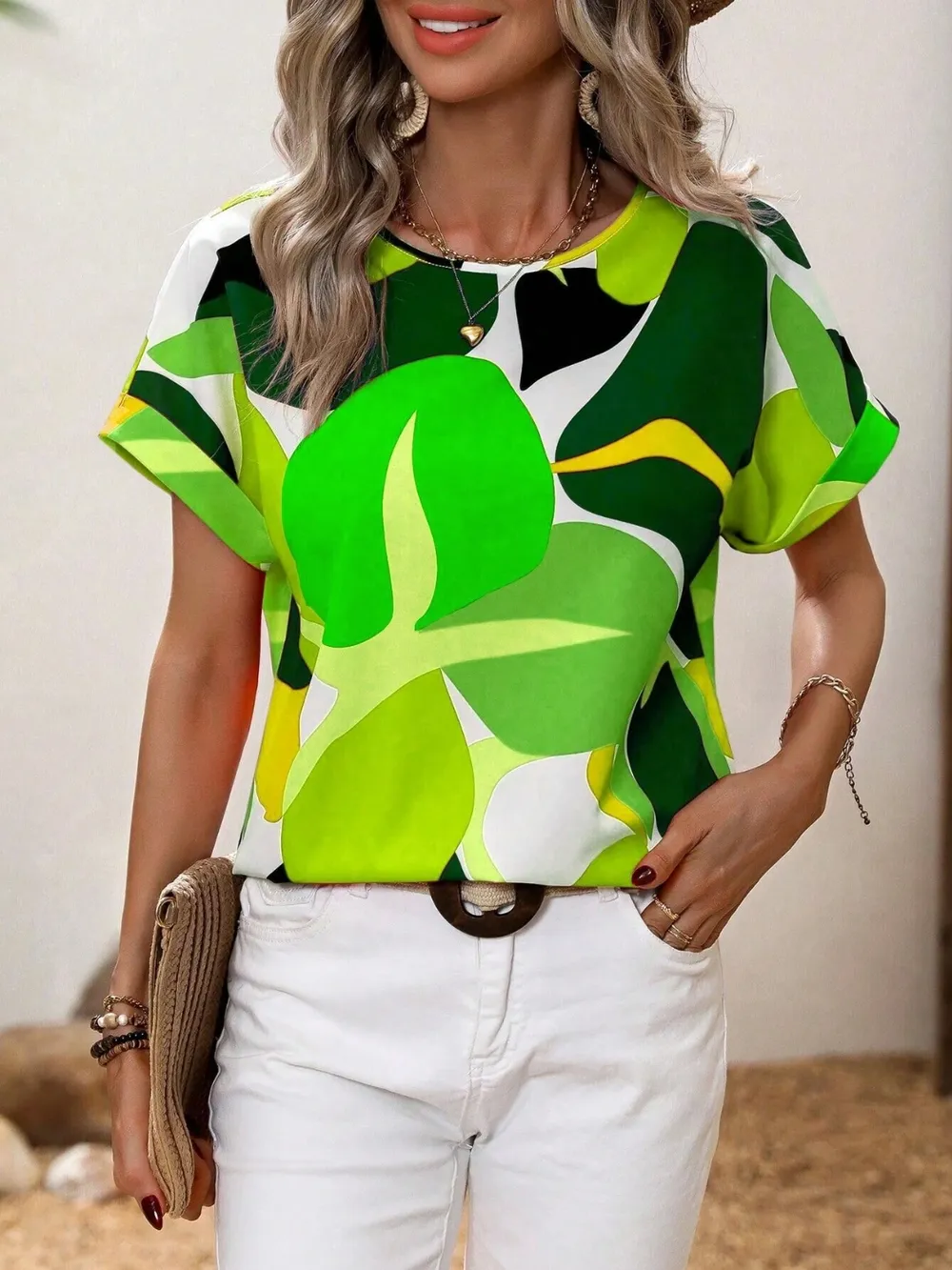 Contrast Round Neck Short Sleeve Blouse, image 11