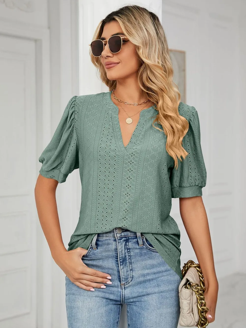 Eyelet Notched Short Sleeve T-Shirt, image 12