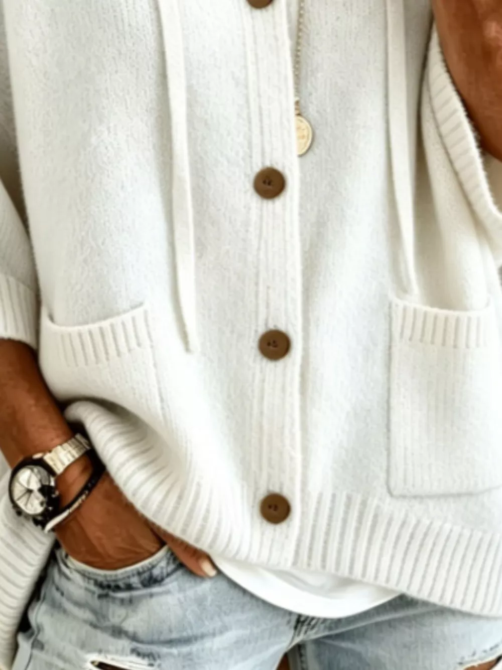 Full Size Casual Hooded Button-Down Knit Cardigan with Pockets Plus Size, image 4