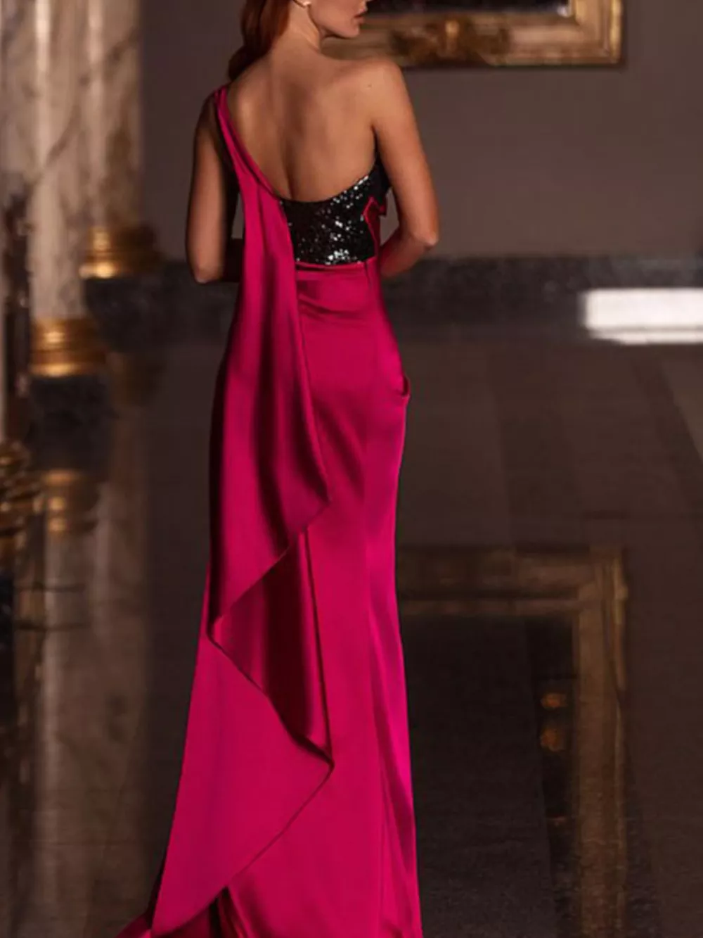 One-Shoulder Sequin Bodice Satin Gown with High Slit, image 2