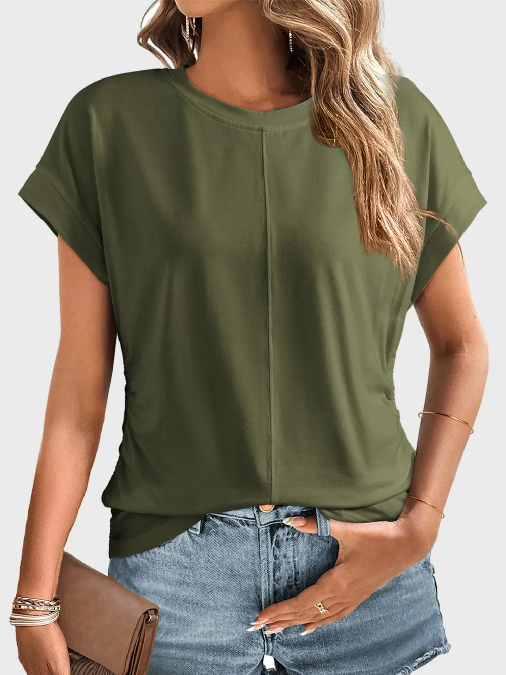 Ruched Round Neck Short Sleeve T-Shirt, image 7