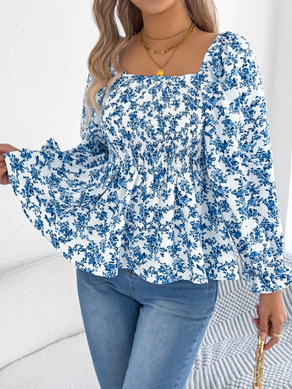 Floral Square Neck Flounce Sleeve Blouse, image 7