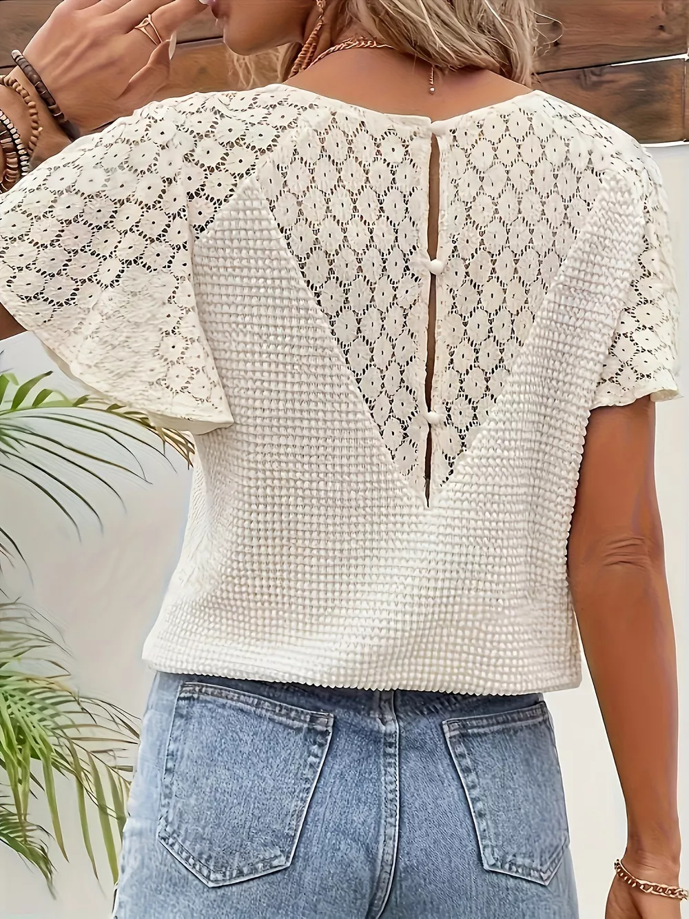 Waffle Knit Lace Sleeve V-Neck Blouse, image 3