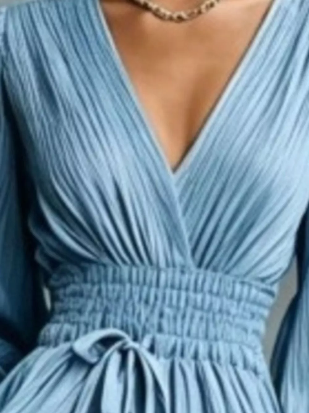 Elegant Pleated V-Neck Maxi Dress with Lantern Sleeves and Tie-Waist, image 8