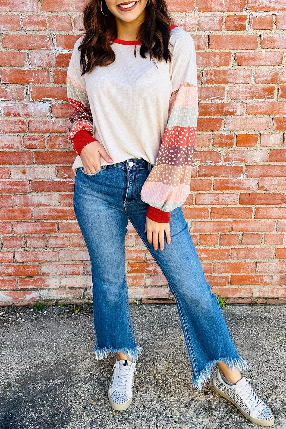 Striped Sleeve Round Neck Blouse, image 3