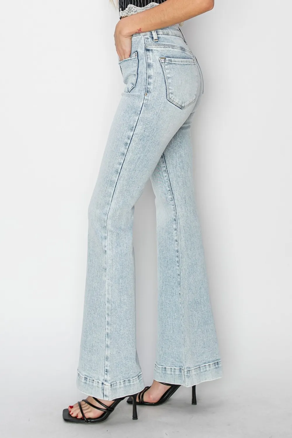 Full Size High Rise Front Patch Pocket Flare Jeans, image 4