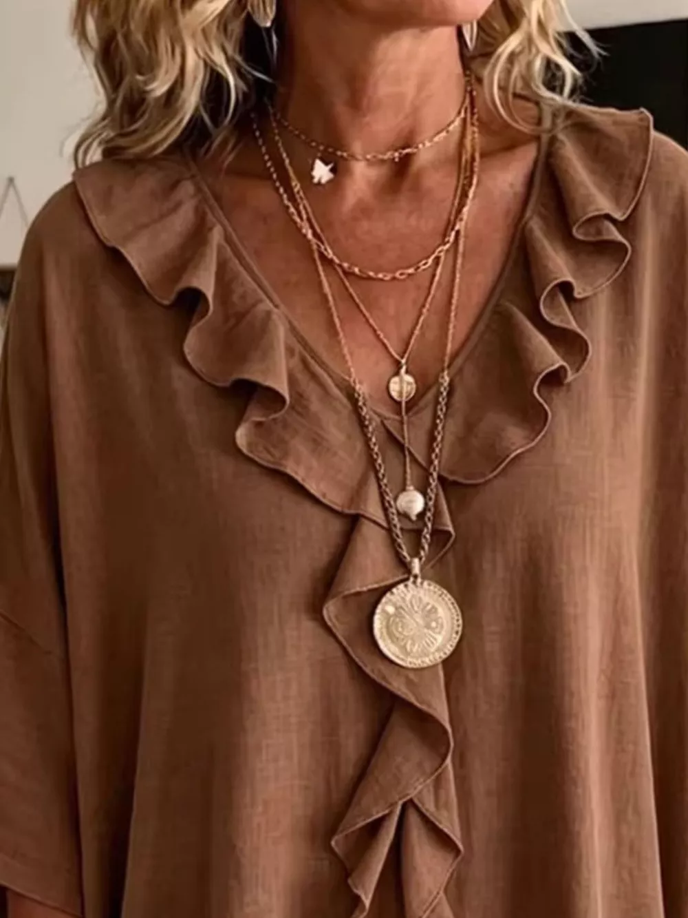 Full Size Ruffled V-Neck 3/4 Sleeve Blouse Plus Size, image 14