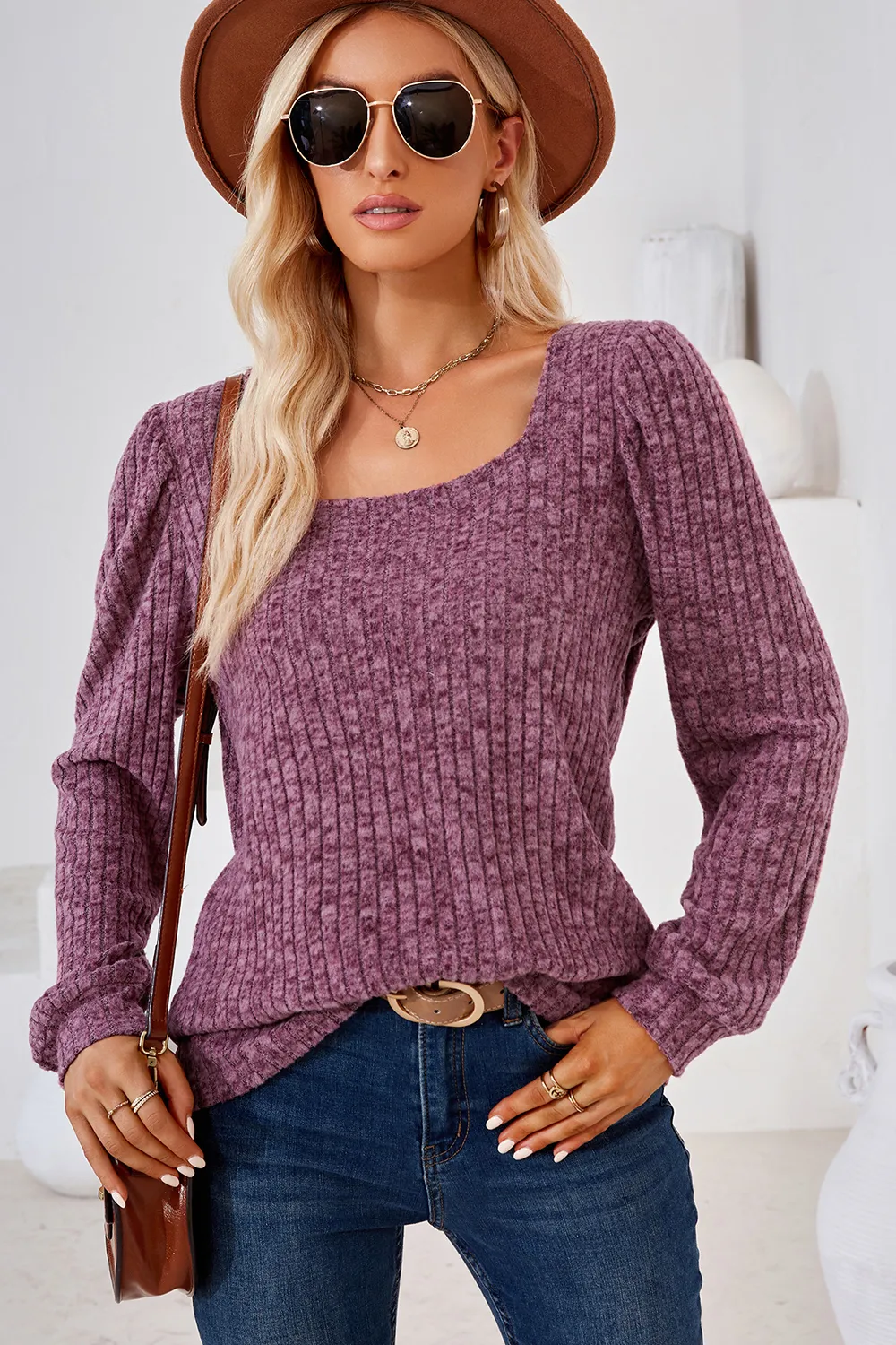 Ribbed Square Neck Long Sleeve T-Shirt, image 22