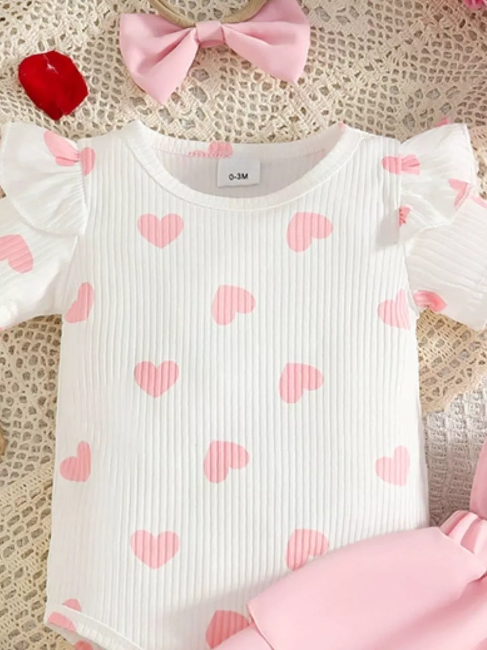 Children's Heart Print Ruffle Trim Bodysuit and Dress Set with Headband, image 3