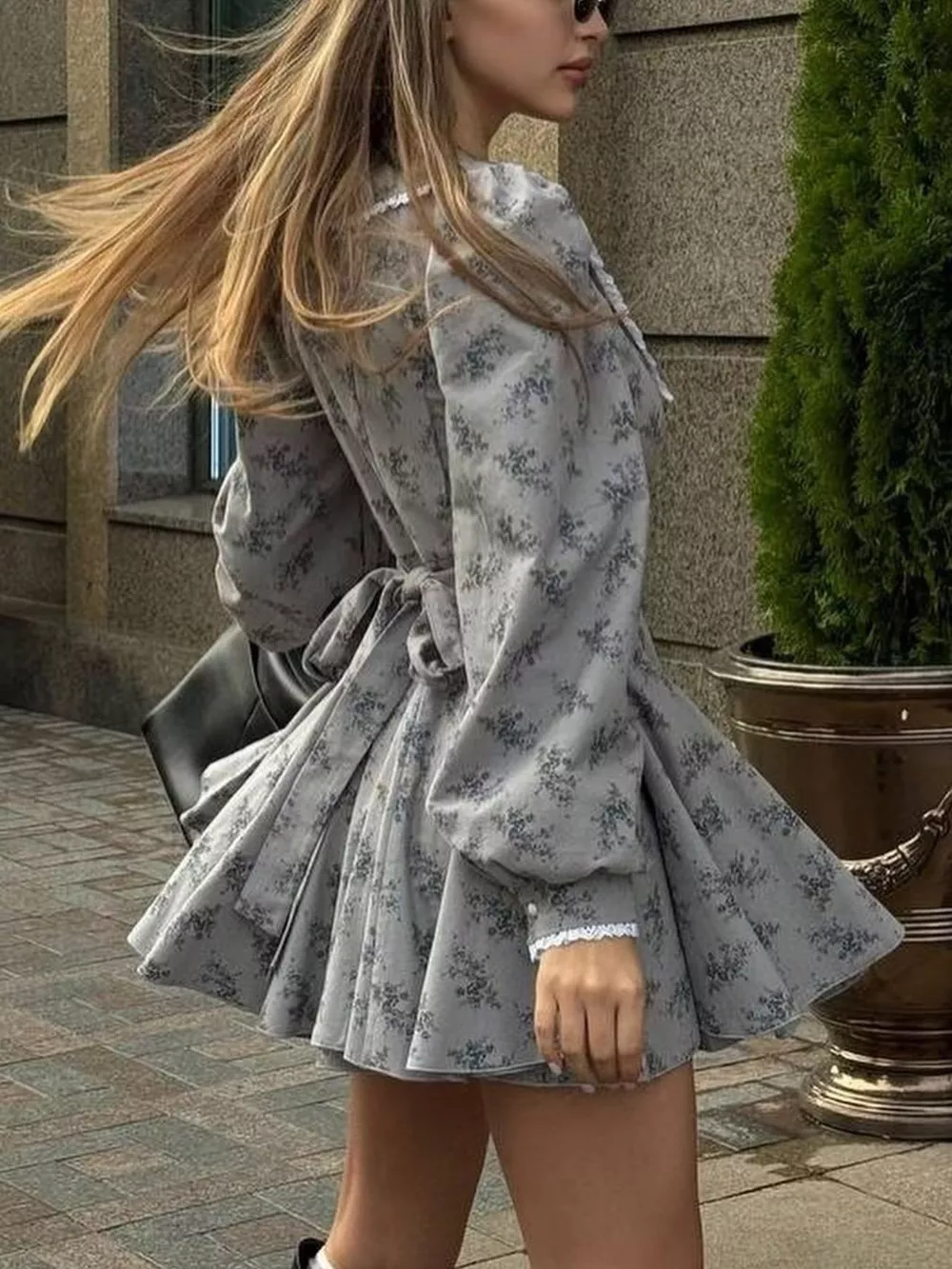 Floral Print Puff Sleeve Button-Down Mini Dress, image 3