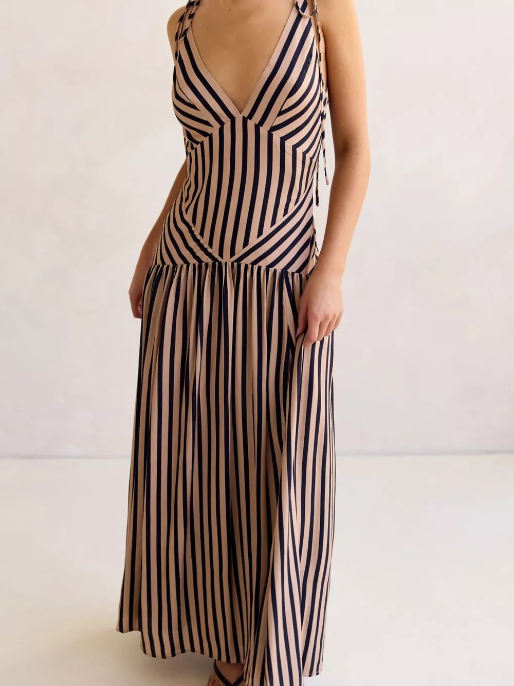 Striped V-Neck Tie-Shoulder Maxi Dress, image 6