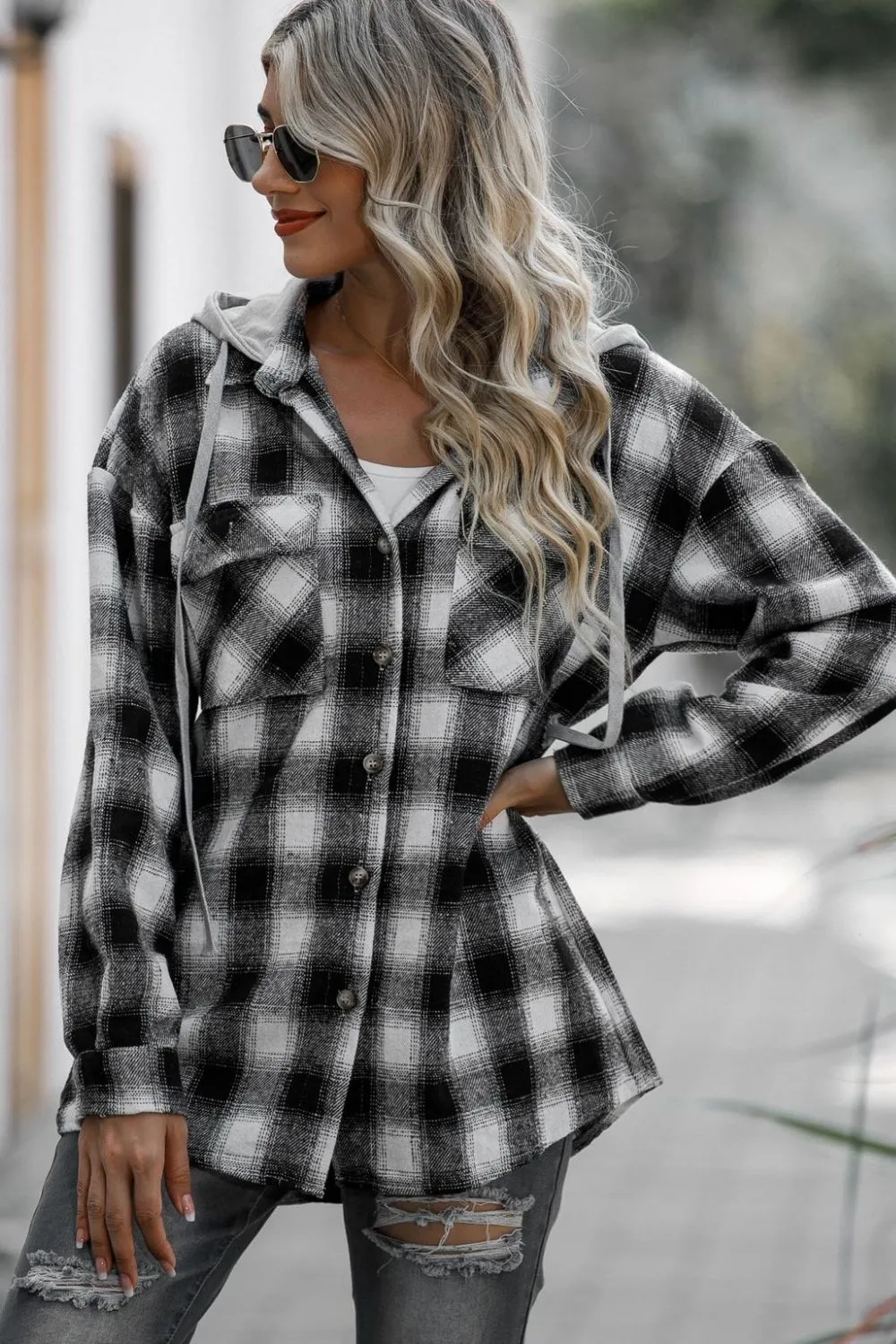 Drawstring Plaid Long Sleeve Hooded Shacket, image 7