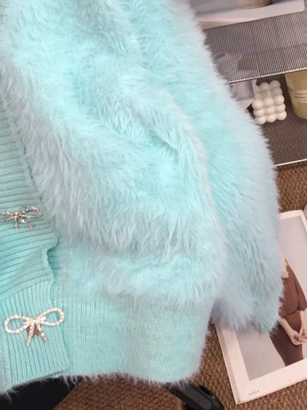 Fuzzy Bow Button Up Cardigan, image 5