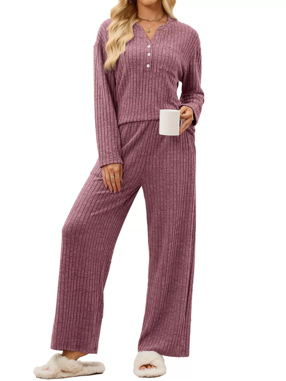 Ribbed Knit Top and Wide-Leg Pants Set, image 17