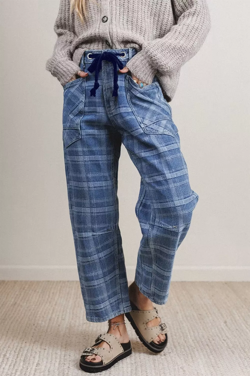 Plaid Denim Grommet Drawstring Waist Ankle-Length Jeans