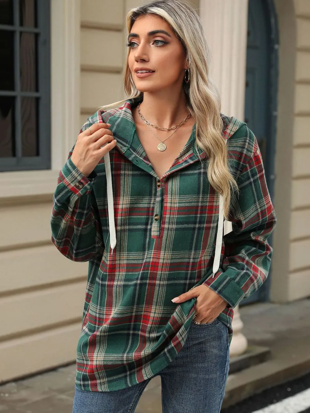 Drawstring Plaid Hooded Long Sleeve Top, image 6