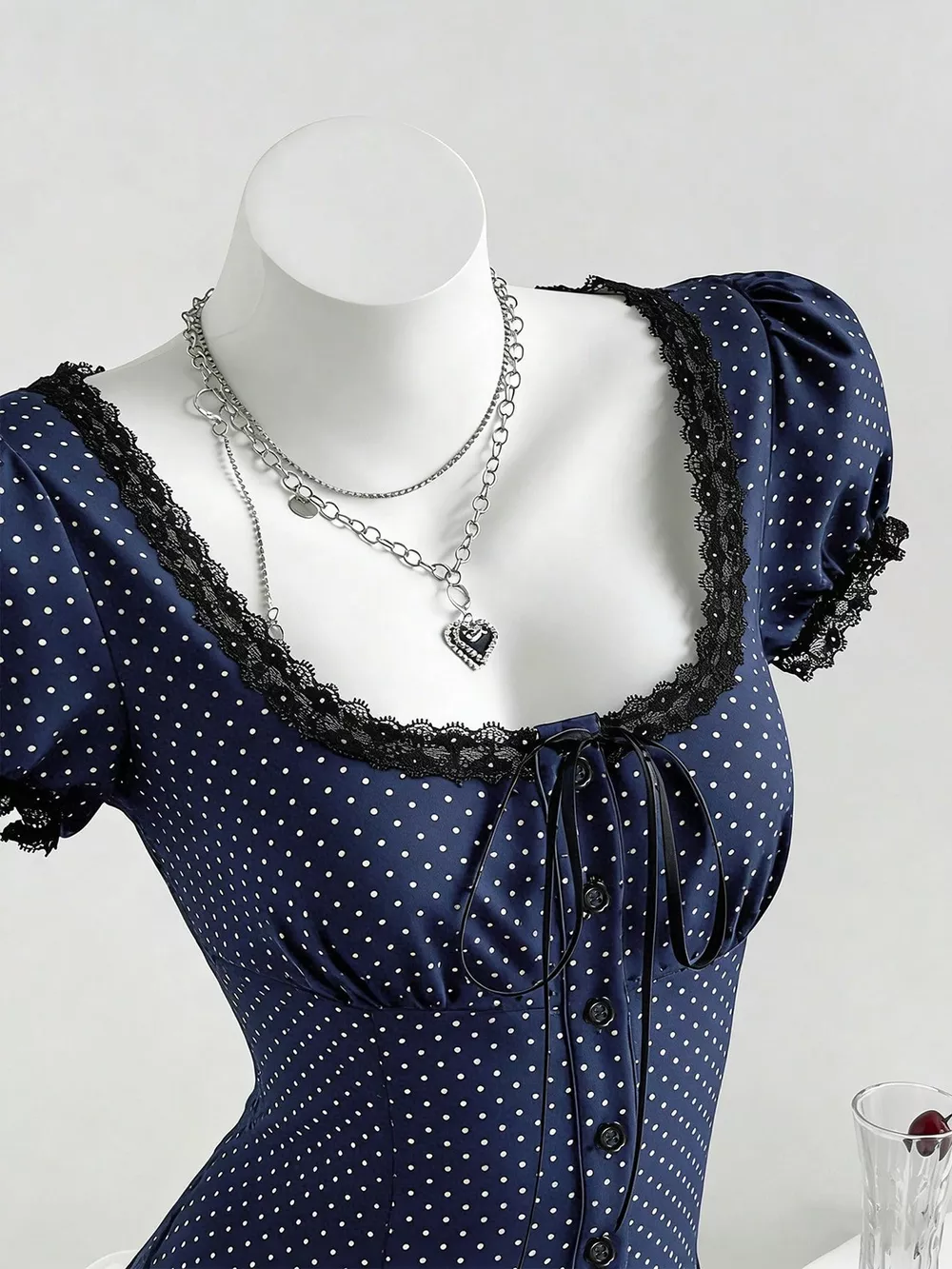 Polka Dot Lace Trim Puff Sleeve Top, image 9
