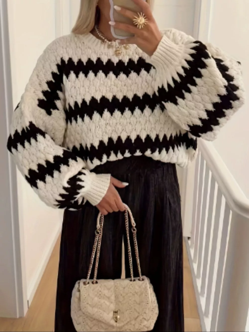 Striped Round Neck Dropped Shoulder Sweater, image 7