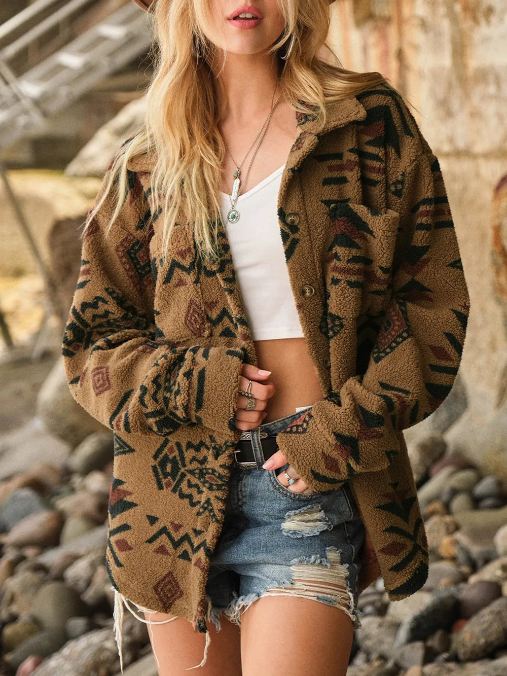 Geometric Button Up Long Sleeve Sherpa Jacket, image 2