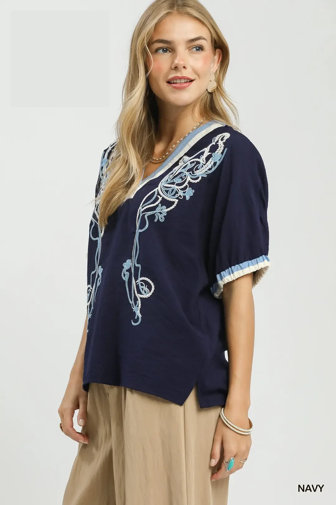 Embroidered Floral V-Neck Short Sleeve Blouse with Contrast Trim, image 3